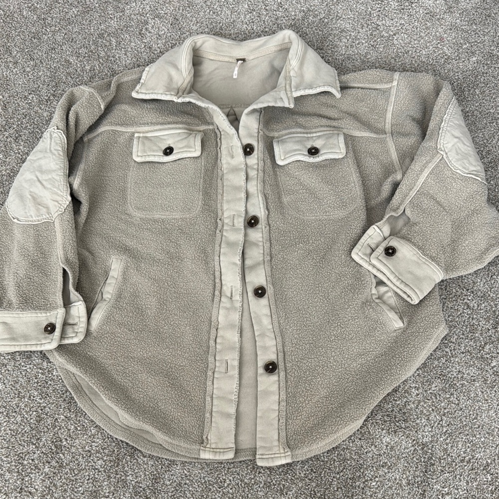 Free People Cozy Gray/cream Button-Up Fleece Shacket
